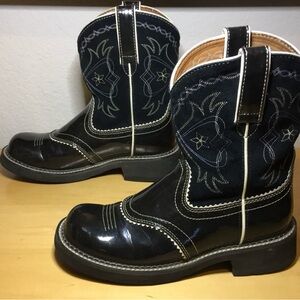 Ariat Original Fat Baby Ankle Cowboy Boots Booties, Black Patent Spectator Style